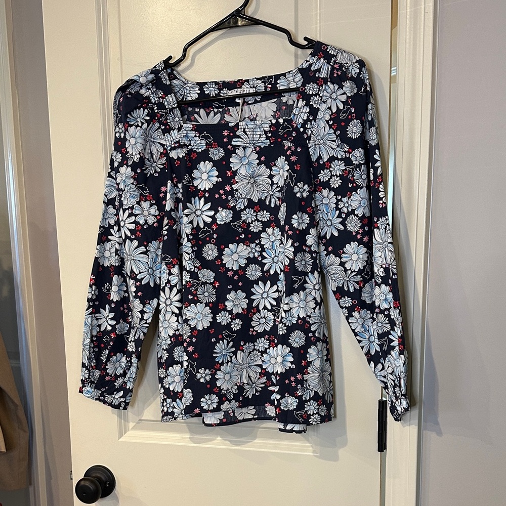 Floral Print Women's Blouse - Navy and White